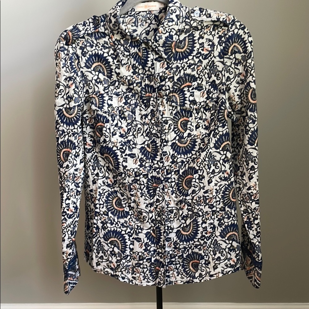 Tory Burch Blue and White Long Sleeve Notched Collar Shirt